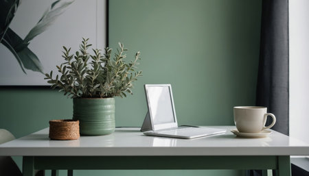 Close up shot of a sage green and white minimalist home office tableの素材