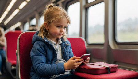 Child sitting on a train and using mobile phoneの素材