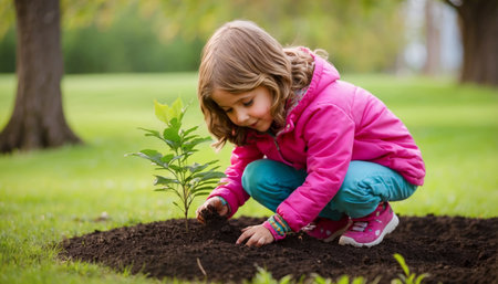 Child planting little green tree in the gardenの素材