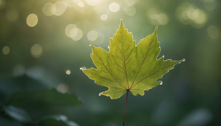 Green leaf close up against a softly blurred backdropの素材