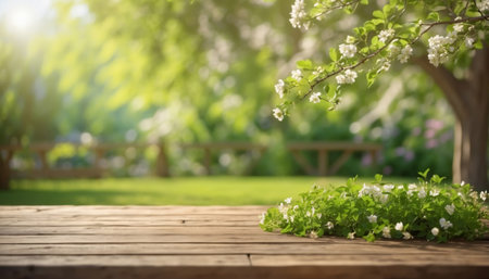 Blurred Spring background with green lush foliage and flowering branches with an empty wooden tableの素材