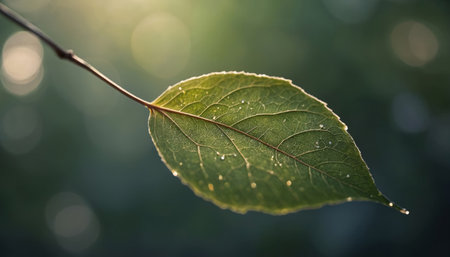Green leaf close up against a softly blurred backdropの素材