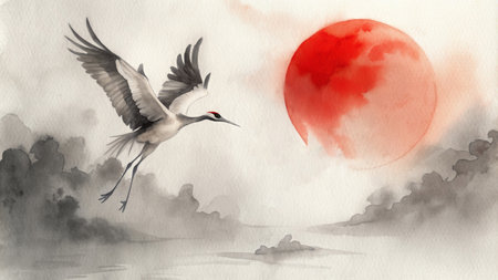 Watercolor painting with crane flying over river bank with bamboo at sunset. Traditional ink painting style gohua, sumi-e, u-sinの素材