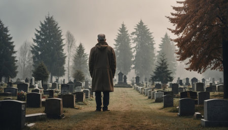 Rear view of sad lonely adult man at cemeteryの素材