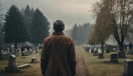 Rear view of sad lonely adult man at cemeteryの素材