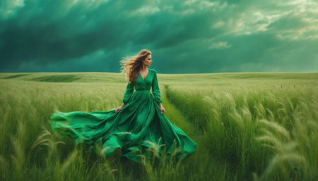 Woman walking in green windy field with tall grass wearing green dressの素材