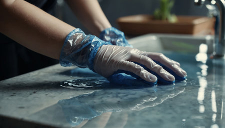 Woman hand in gloves washing a tableの素材