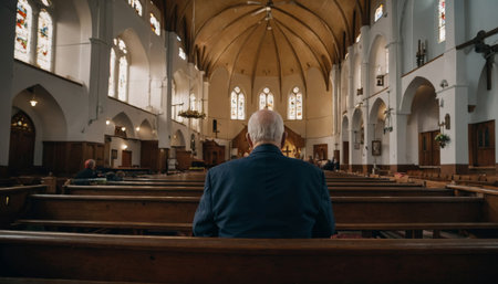 Senior man back view in church at the Christmas Serviceの素材