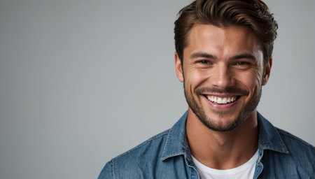 Studio photo of a handsome man model smiling on white backgroundの素材