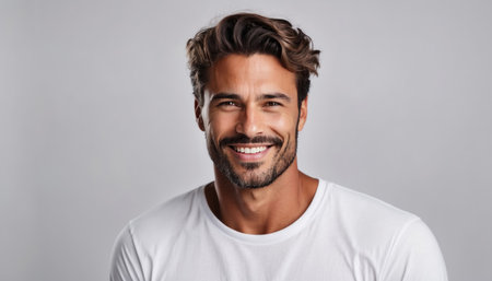Studio photo of a handsome man model smiling on white backgroundの素材