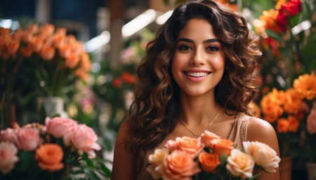 Smiling Latin young woman portrait in a flower storeの素材