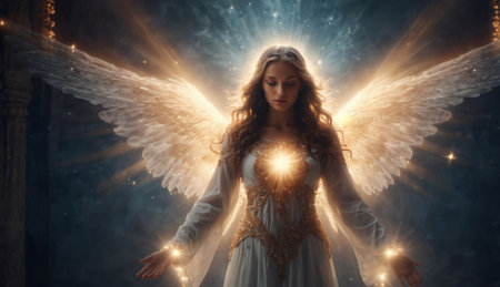 A fantasy angel woman with huge white wings in a magical heavenly lightの素材