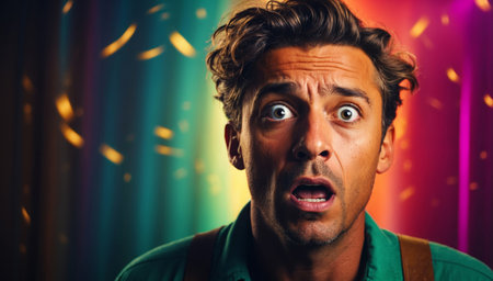 Surprised shocked young man on bright colorful backgroundの素材