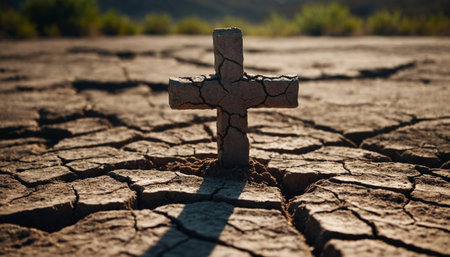 A cross on the dry cracked ground in dessertの素材