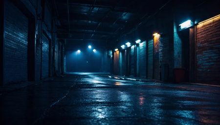 Empty street at night glowing with neon lights, abstract dark backgroundの素材