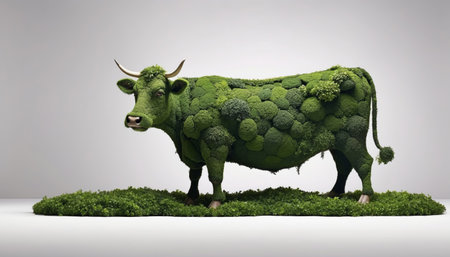 A cow covered in lush green leaves and grass as a symbol of ecological conceptの素材