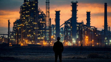 Silhouette of an engineer in front of chemical industry landscape with pipes and smokeの素材