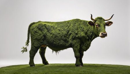 A cow covered in lush green leaves and grass as a symbol of ecological conceptの素材