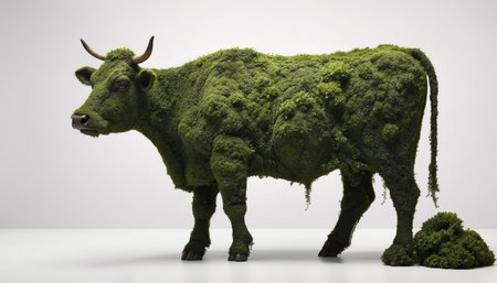 A cow covered in lush green leaves and grass as a symbol of ecological conceptの素材