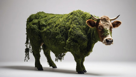 A cow covered in lush green leaves and grass as a symbol of ecological conceptの素材