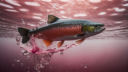 A salmon leaps energetically from the waters of a river with a dynamic splashの素材