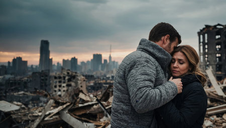 A man hugs a woman against the backdrop of a destroyed by war cityの素材
