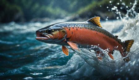 A salmon leaps energetically from the waters of a river with a dynamic splashの素材