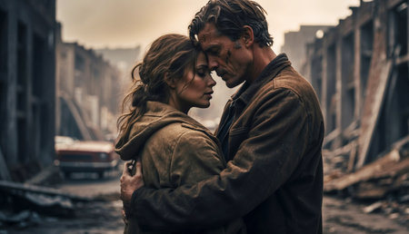A man hugs a woman against the backdrop of a destroyed by war cityの素材