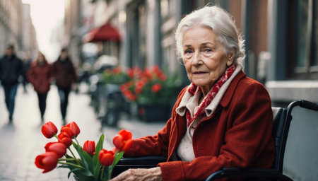 Old woman sitting in a wheelchair on the street with a bouquet of tulips in her handの素材