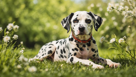 Cute dog lying on a green grass field natureの素材