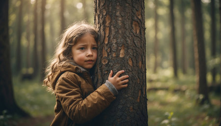 Child hugging a tree in the outdoor forest, global problem of carbon dioxide and global warming. Love of nature.の素材