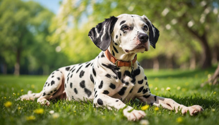 Cute dog lying on a green grass field natureの素材
