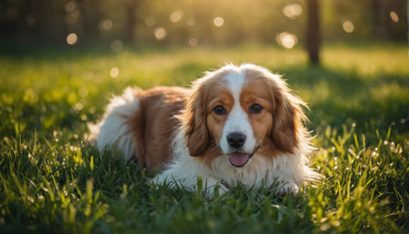 Cute dog lying on a green grass field natureの素材