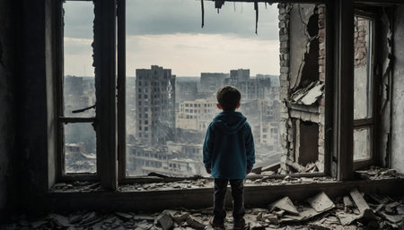 Children alone looking from broken window on a destroyed by war cityの素材