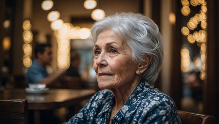 Elderly Woman with silver hair is dining indoorの素材