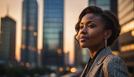 Happy wealthy rich successful black businesswoman standing in big cityの素材