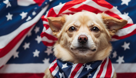 Cute dog wear festive clothes in american flag colors. Independence Day or flag dayの素材