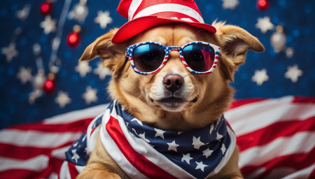 Cute dog wear festive clothes in american flag colors. Independence Day or flag dayの素材