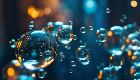 Ethereal soap bubbles float gracefully in a serene blue environment with a bokeh light effect.の素材