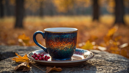 Vibrant Cup of tea on table on autumn backgroundの素材