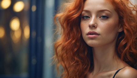 Red hair young beautiful woman and fair skin with a few light freckles dusting noseの素材