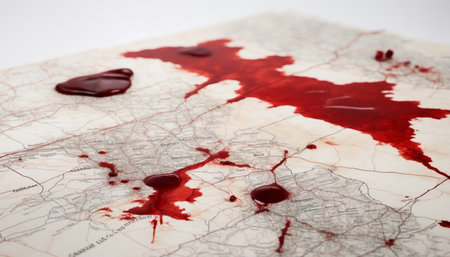 Map red marker on white background with blood stainsの素材