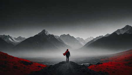 Hiker on the top of mountain never give up conceptの素材