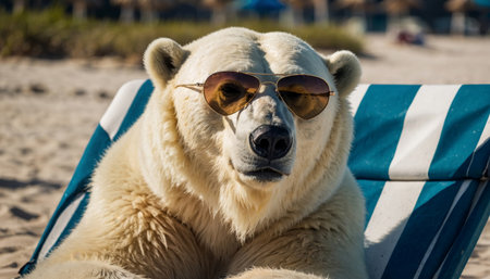 Polar bear in sunglasses in a sun lounger resting on a tropical beach.の素材