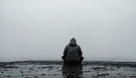 Silhouette of a person sitting on the wet ground under rainの素材