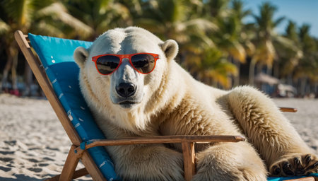 Polar bear in sunglasses in a sun lounger resting on a tropical beach.の素材