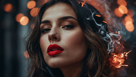 Woman with red lips close up in smoke of cigarettes'の素材