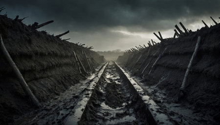 Soldiers in War trench warfare mud and slushの素材