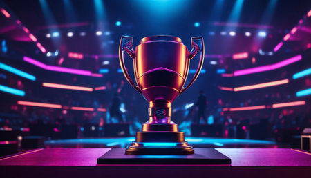 The e-sports winner trophy standing on the stage in the middle of the arena of the computer video game championship.の素材
