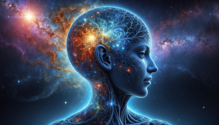 Universe like the source of consciousness energy, human like part of universe, colorful galaxy light and planetsの素材